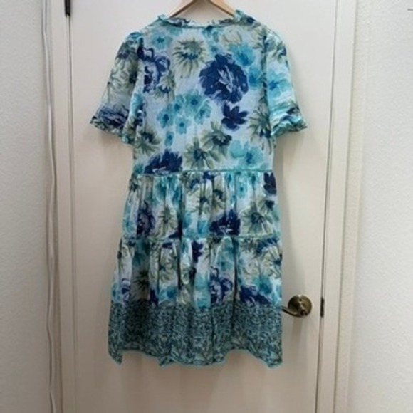 Sundance Floral Dress Sz M Teal Blue Tiered Tassel Tie Cotton Boho Loose Fit - Picture 2 of 8